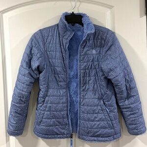 The North Face Girls Reversible Fleece Puffer Jacket Blue Size L 14/16